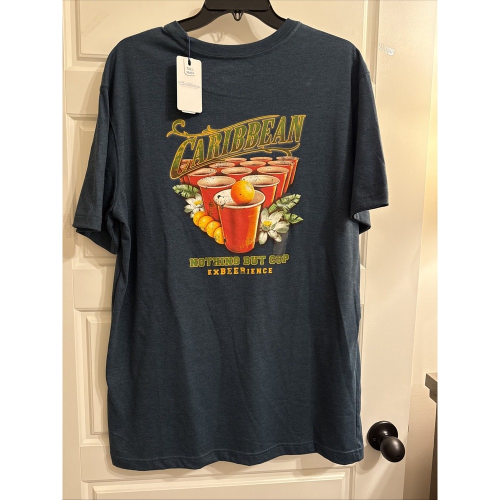 Caribbean Men T-Shirt with Logo Print Size LT Blue With Red Cup - Picture 3 of 3